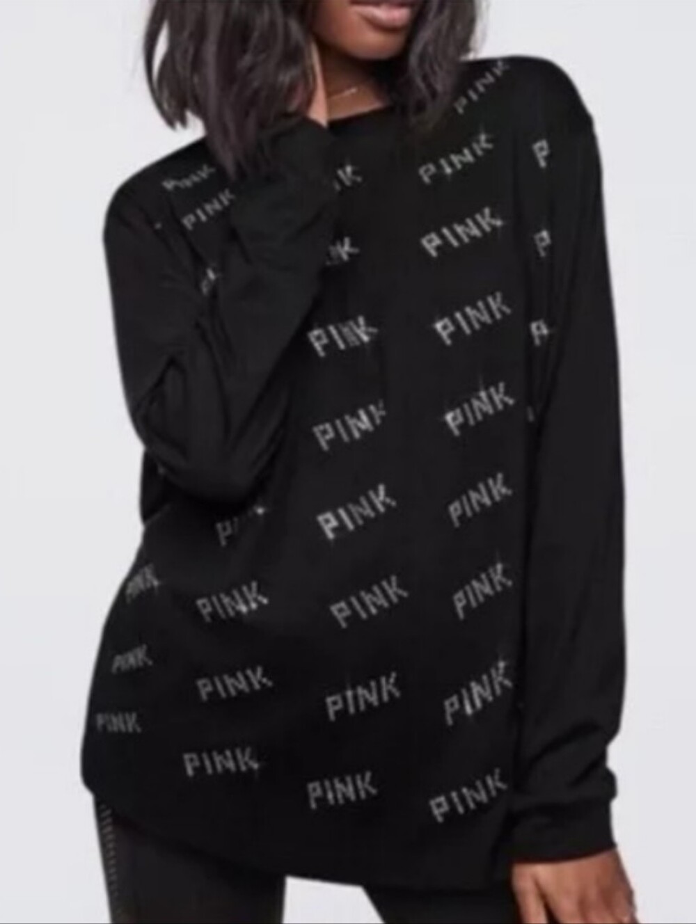 PINK VS Black Rhinestone Logo Crewneck Long Sleeve Tee Shirt